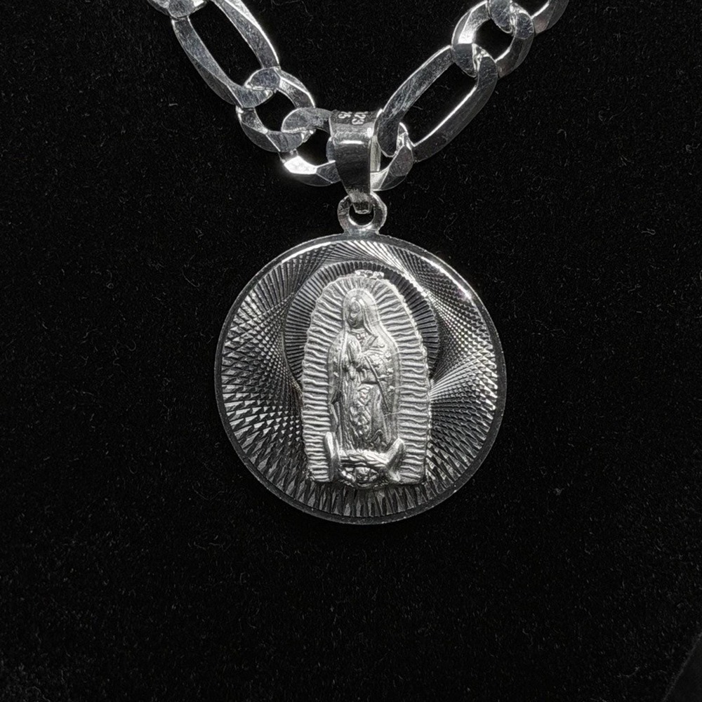 925 Sterling Silver Figaro Chain Necklace Saint Jude Virgin Mary Pendant 24 inch - Picture 3 of 9